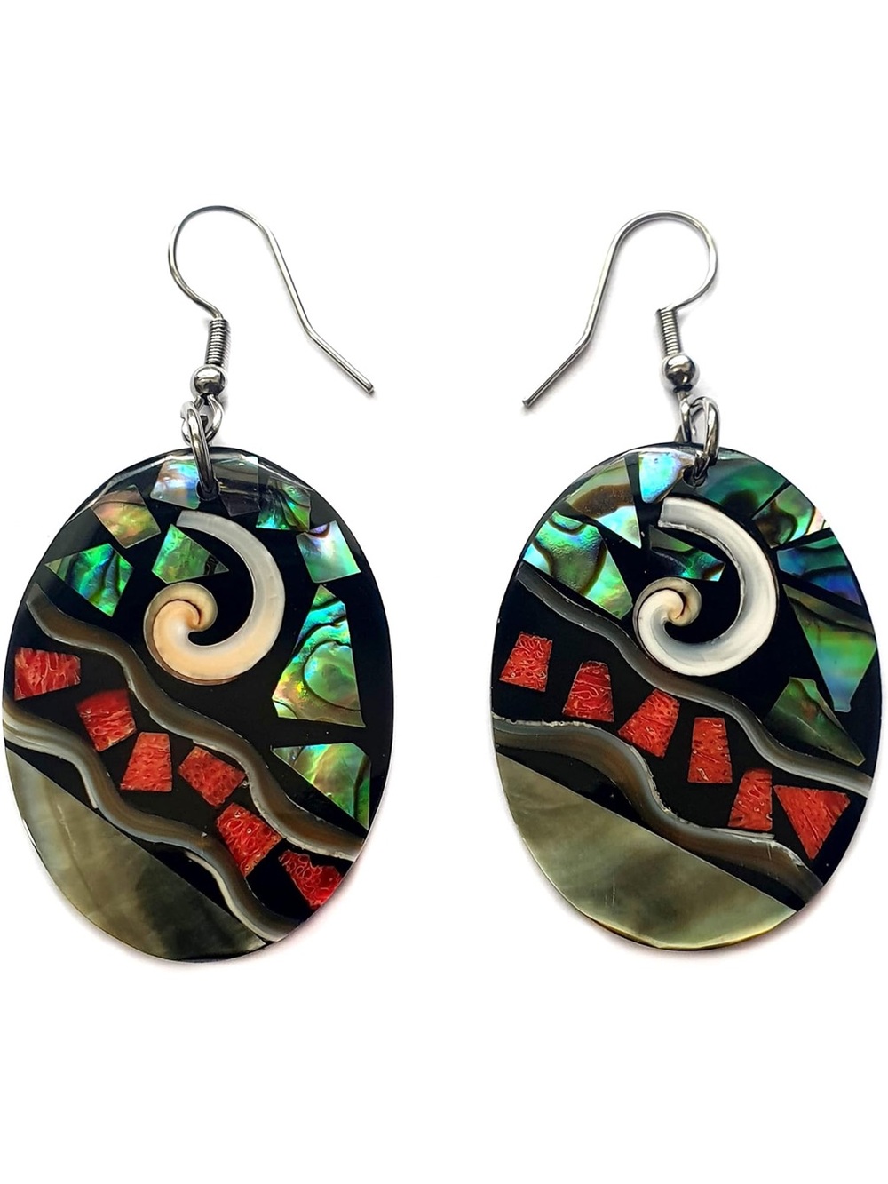 Oval Paua Abalone Red Coral  Mother of Pearl Earrings Dangle Drop Seashell NEW